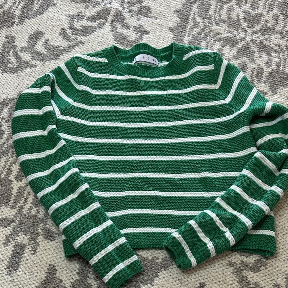 Mango Green and White Striped Crewneck Sweater